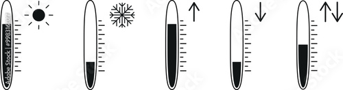 Temperature thermometer icons collection, set isolated on white background. Thermometer with yellow blue red scale, climate control, weather change, flat vector black icon, weather icon