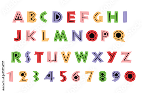 Colorful hand-drawn alphabet and numbers in playful, blocky style with various bright shades