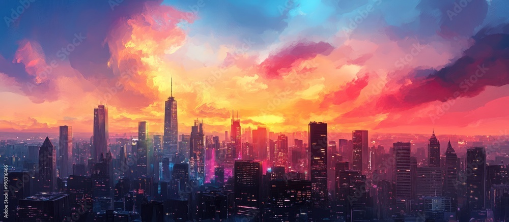 Fototapeta premium Dynamic city skyline at sunset with vibrant colors and dramatic cloud formations