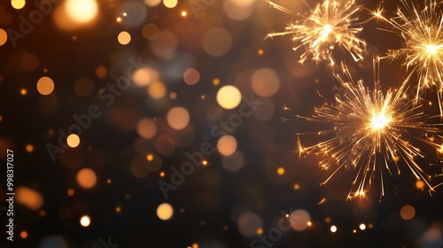 New Year celebration background banner featuring golden fireworks sparklers and bokeh lights against a dark night sky with room for text