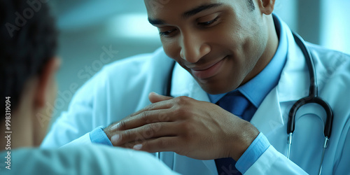 Doctor's Reassurance: A doctor places a reassuring hand on a patient's shoulder, their confident gaze instilling trust.