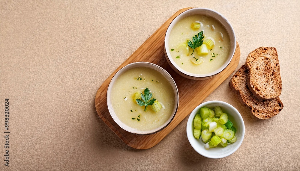 Potato leek soup and bread in bowls on a beige background, viewed from above. Potato leek soup and bread in bowls on a beige background, viewed from above.