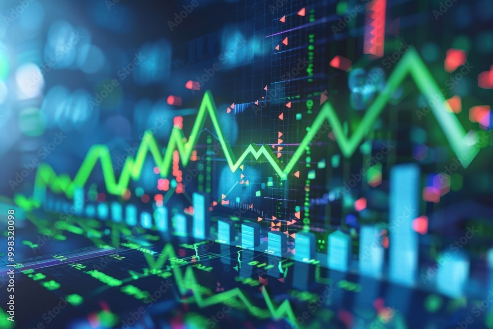 Imagine a stock market graph with green upward arrows on a high-tech background with financial indicators Imagine a stock market graph with green upward arrows on a high-tech background with financial indicators