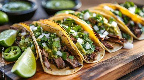 A platter of carne asada tacos with avocado, cilantro, onions, and lime wedges, served with a small bowl of salsa.