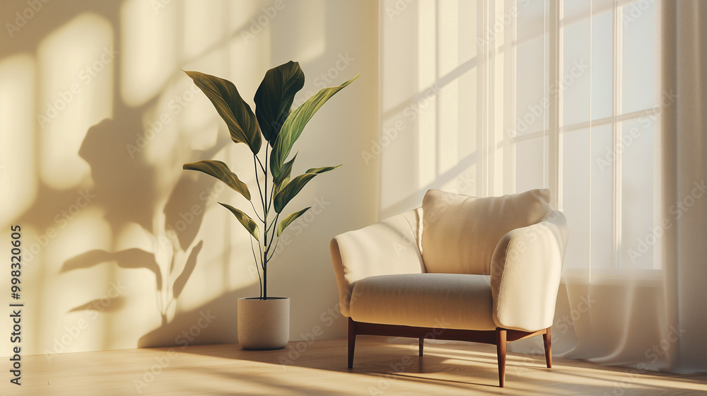 Reading nook with a modern armchair, a single plant, and a large window offering natural light. Clean, minimalist design with soft shadows Reading nook with a modern armchair, a single plant, and a large window offering natural light. Clean, minimalist design with soft shadows