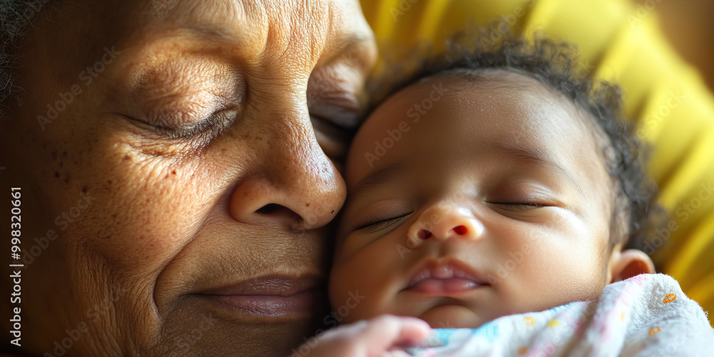 Caregiver's Gaze: A senior caretaker tenderly looks at a sleeping infant, radiating warmth and compassion.