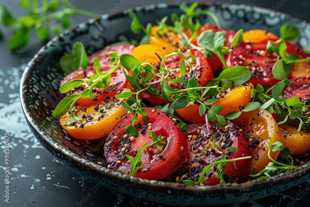 A bowl of tomatoes and herbs with a black background A bowl of tomatoes and herbs with a black background