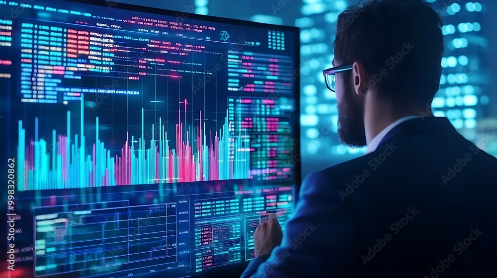 Businessman Analyzing Financial Data on Computer Monitor