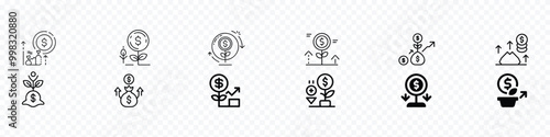 investment icon, Money savings and finance vector linear icons set. Personal finance icon set. Containing budget, savings, expense, Money set icons. Coins icons. Linear, silhouette and flat styles.