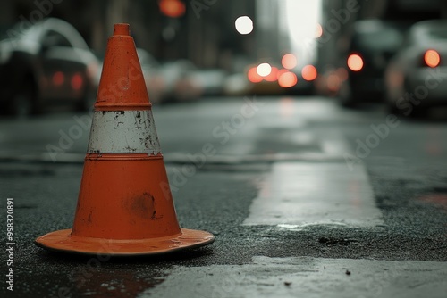 An Orange Traffic Cone on a Wet Asphalt Road