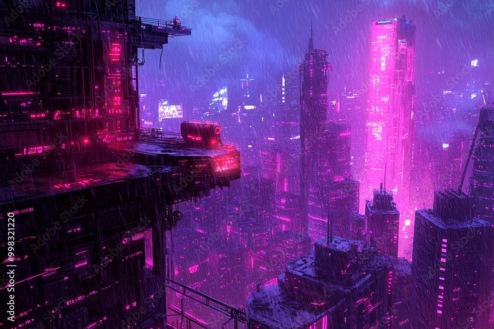 Fototapeta premium Cyberpunk Cityscape, a vibrant futuristic metropolis with neon lights, towering skyscrapers, and bustling streets filled with advanced technology