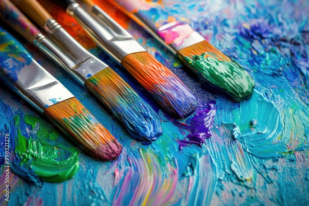 Obraz premium Bright splashes of color swirl across a canvas with paintbrushes resting on top, showcasing creativity in progress within an art studio. Generative AI