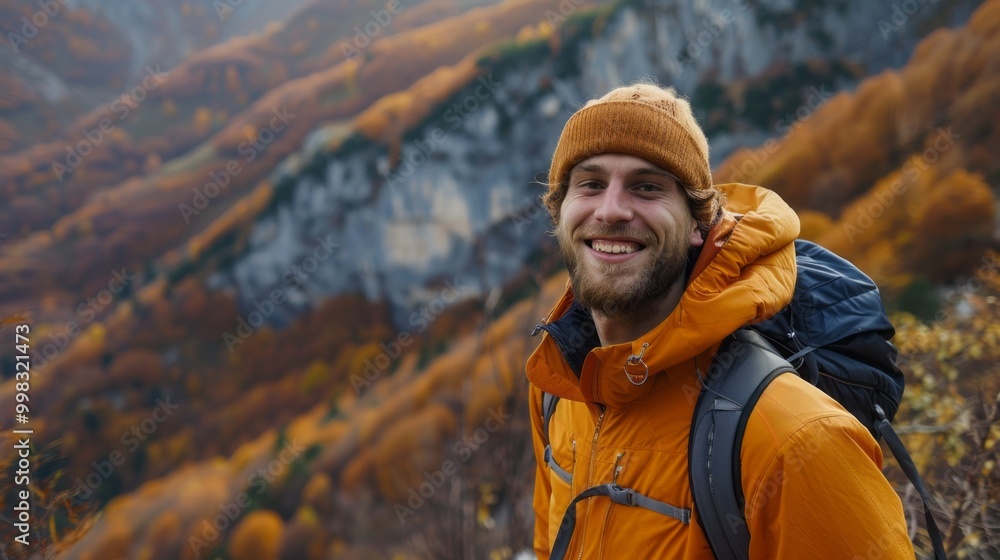 A man wearing a yellow jacket and a brown hat is smiling A man wearing a yellow jacket and a brown hat is smiling