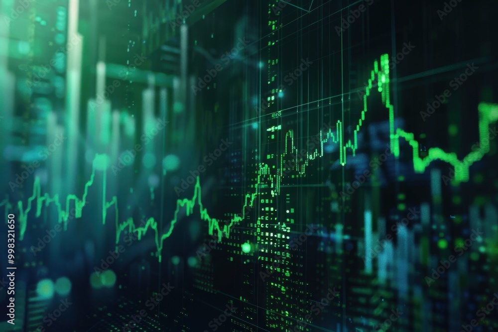 Imagine a stock market graph with green upward arrows on a high-tech background with financial indicators Imagine a stock market graph with green upward arrows on a high-tech background with financial indicators