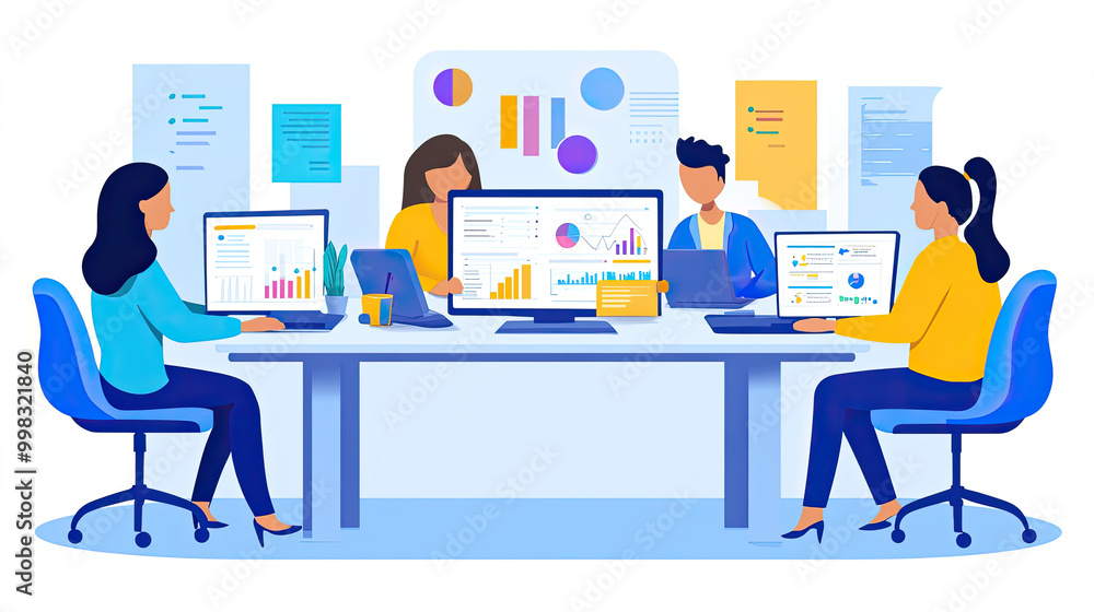 A group of five professionals collaborates in a bright office, engaging with various data visualizations on multiple screens A group of five professionals collaborates in a bright office, engaging with various data visualizations on multiple screens