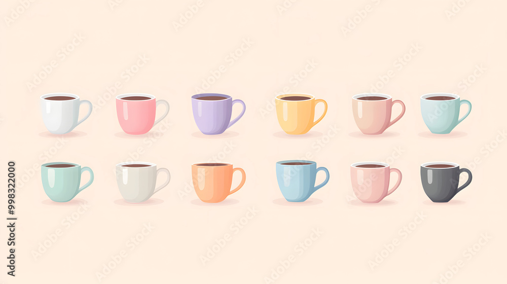 Minimal pastel coffee cup set of icons with a clean handle and soft colors isolated on a plain background Minimal pastel coffee cup set of icons with a clean handle and soft colors isolated on a plain background