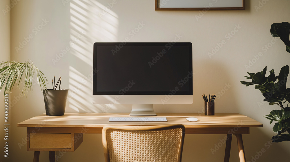 Scandinavian-inspired minimalist desk setup with light wood furniture, a minimalist chair, and a single computer monitor. The focus is on space and natural textures Scandinavian-inspired minimalist desk setup with light wood furniture, a minimalist chair, and a single computer monitor. The focus is on space and natural textures