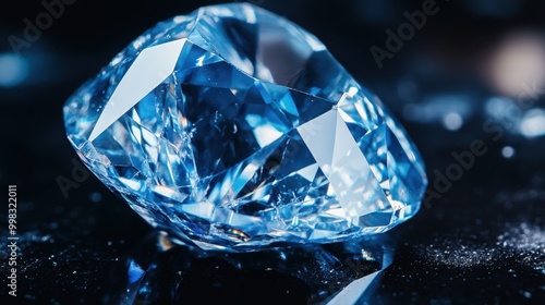 A macro shot of a crystal-clear sapphire gemstone, with sharp facets reflecting light, placed on a minimalist black surface.