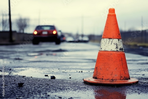 Orange Traffic Cone on a Wet Asphalt Roadway