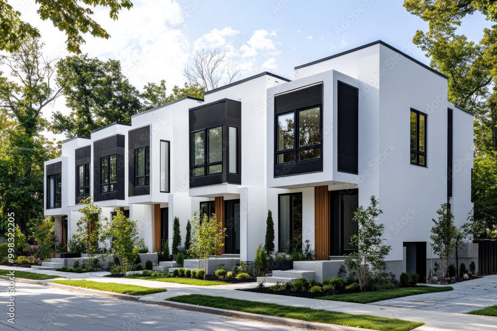 Modern townhouses in white with black accents, trees and bushes lining the street Modern townhouses in white with black accents, trees and bushes lining the street