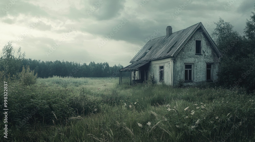 Abandoned House in a Field with Overcast Skies Abandoned House in a Field with Overcast Skies