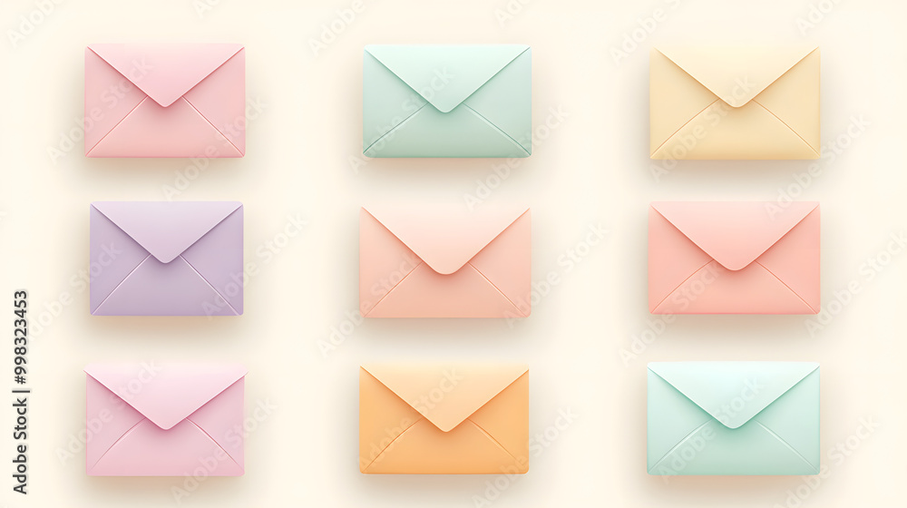Pastel envelope set of icons with soft lines and a light background Pastel envelope set of icons with soft lines and a light background