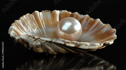 A beautiful pearl resting inside a polished oyster shell, showcasing elegance and natural beauty on a dark background. photo