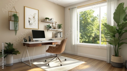 A modern home office decorated with minimalist wall art, indoor plants, and geometric shelves, with natural sunlight streaming through large windows.