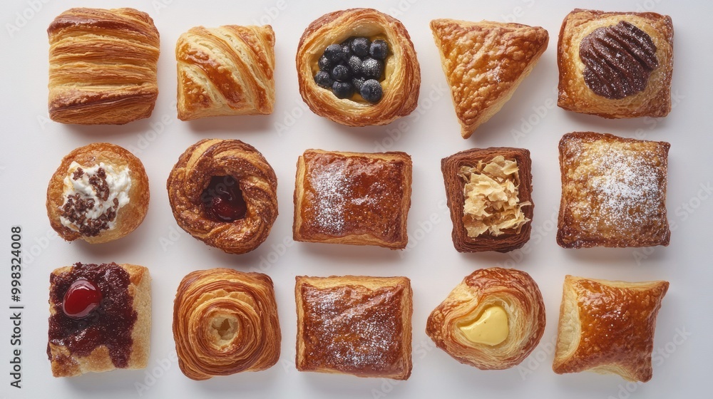 An assortment of freshly baked pastries with various fillings An assortment of freshly baked pastries with various fillings