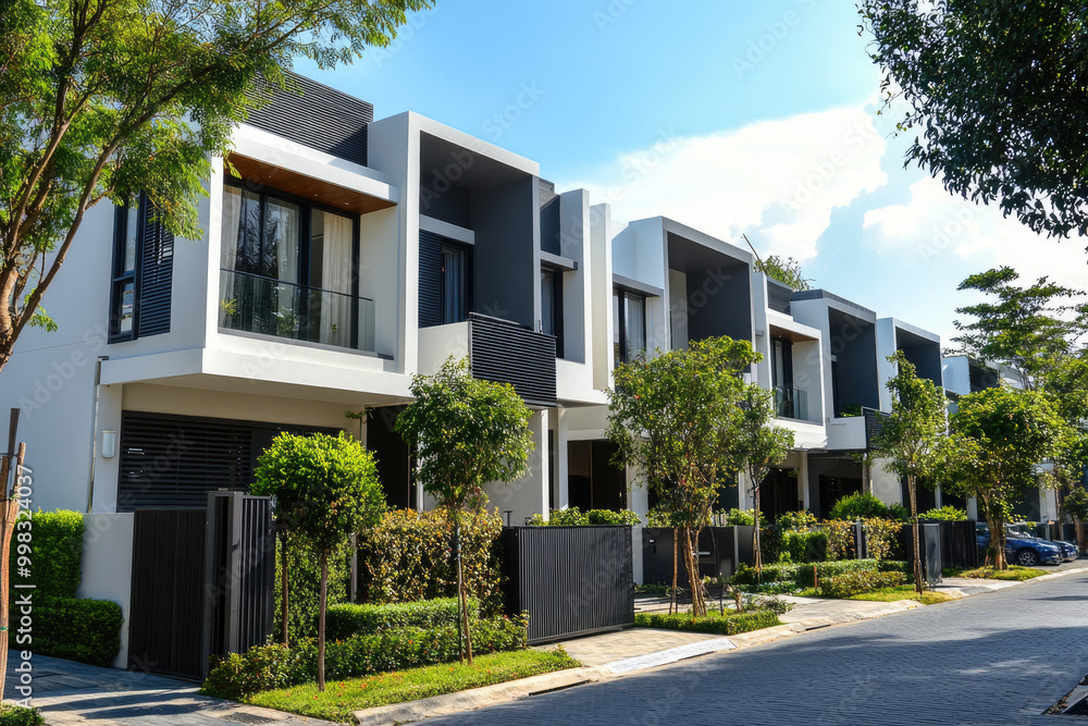 A row of modern townhouses with white walls and black window frames, surrounded by green trees, creates an elegant urban landscape A row of modern townhouses with white walls and black window frames, surrounded by green trees, creates an elegant urban landscape