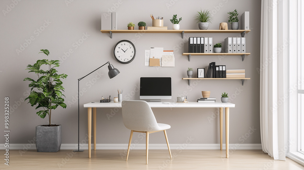 Simple home office setup with a clean white desk, sleek chair, and minimalist shelving on the wall. Neutral tones, with a few decorative elements like a clock and plant Simple home office setup with a clean white desk, sleek chair, and minimalist shelving on the wall. Neutral tones, with a few decorative elements like a clock and plant