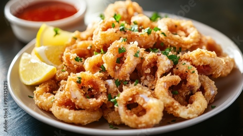 A plate of deep-fried calamari served with marinara sauce, lemon wedges, and a sprinkle of parsley.