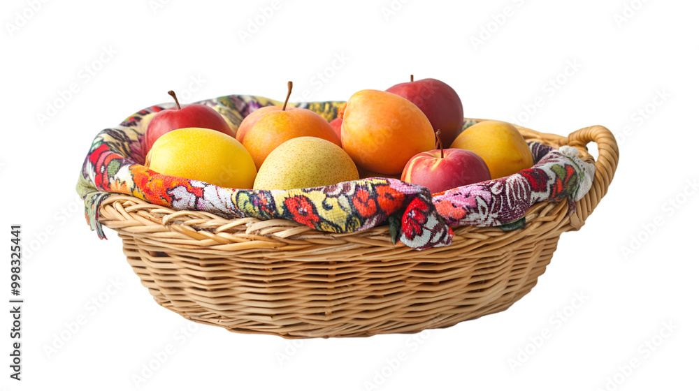 A basket of fruit with a cloth on top with dark background.
A basket of fruit with a cloth on top with dark background.