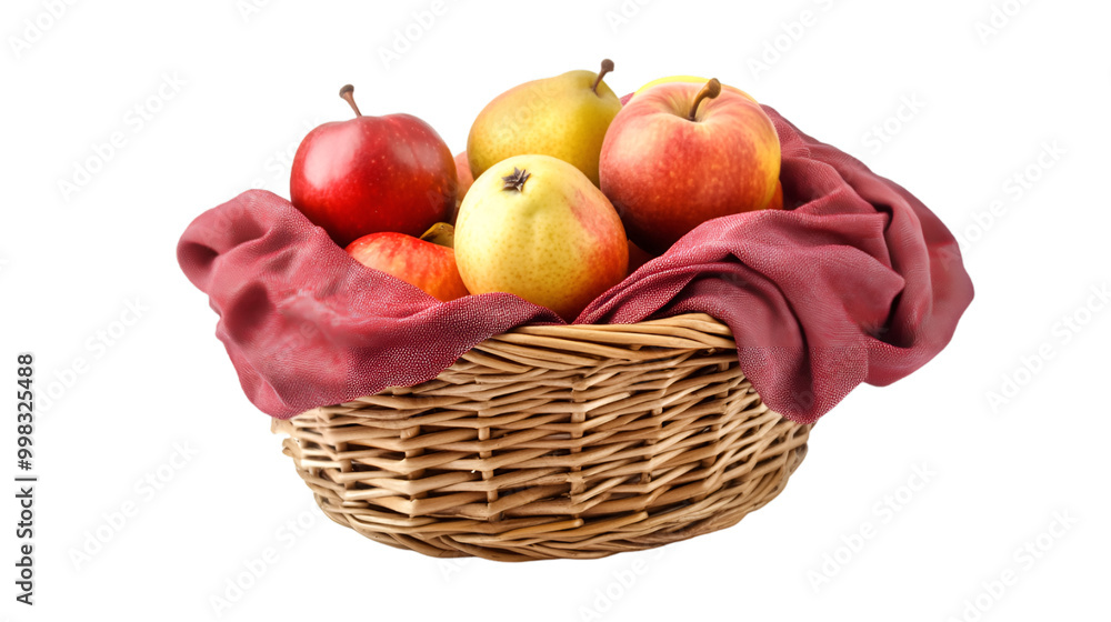 A woven basket of  various fruit with a red cloth.

