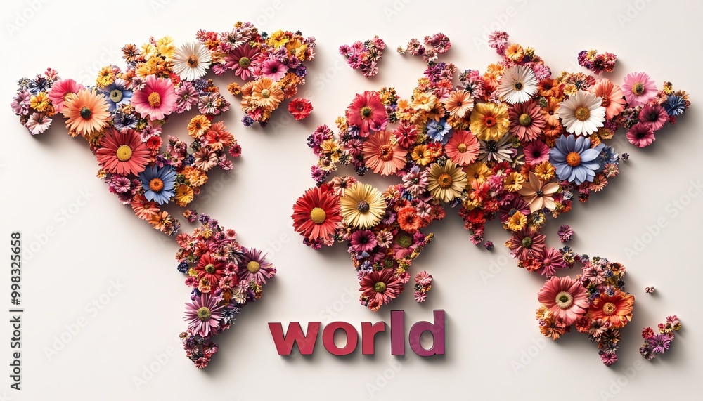 Vibrant Floral World Map, an artistic representation of a global map crafted from an array of colorful flowers, celebrating nature's beauty. Vibrant Floral World Map, an artistic representation of a global map crafted from an array of colorful flowers, celebrating nature's beauty.