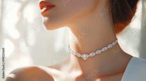 Elegant woman showcasing a stunning diamond choker, captured in soft light, highlighting beauty and luxury.