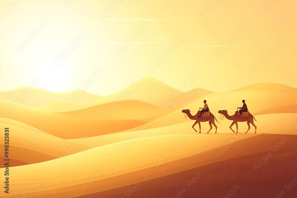 Riding camels across sand dunes in the desert Riding camels across sand dunes in the desert