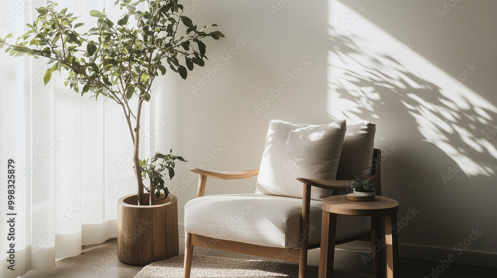 Simple, inviting reading nook with a neutral-colored armchair, a wooden side table, and a small potted plant. Clean lines and soft natural lighting Simple, inviting reading nook with a neutral-colored armchair, a wooden side table, and a small potted plant. Clean lines and soft natural lighting