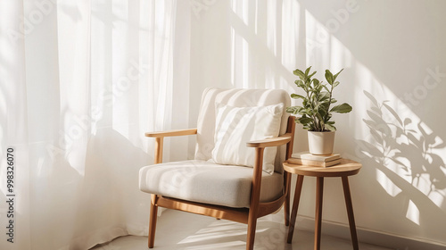 Simple, inviting reading nook with a neutral-colored armchair, a wooden side table, and a small potted plant. Clean lines and soft natural lighting