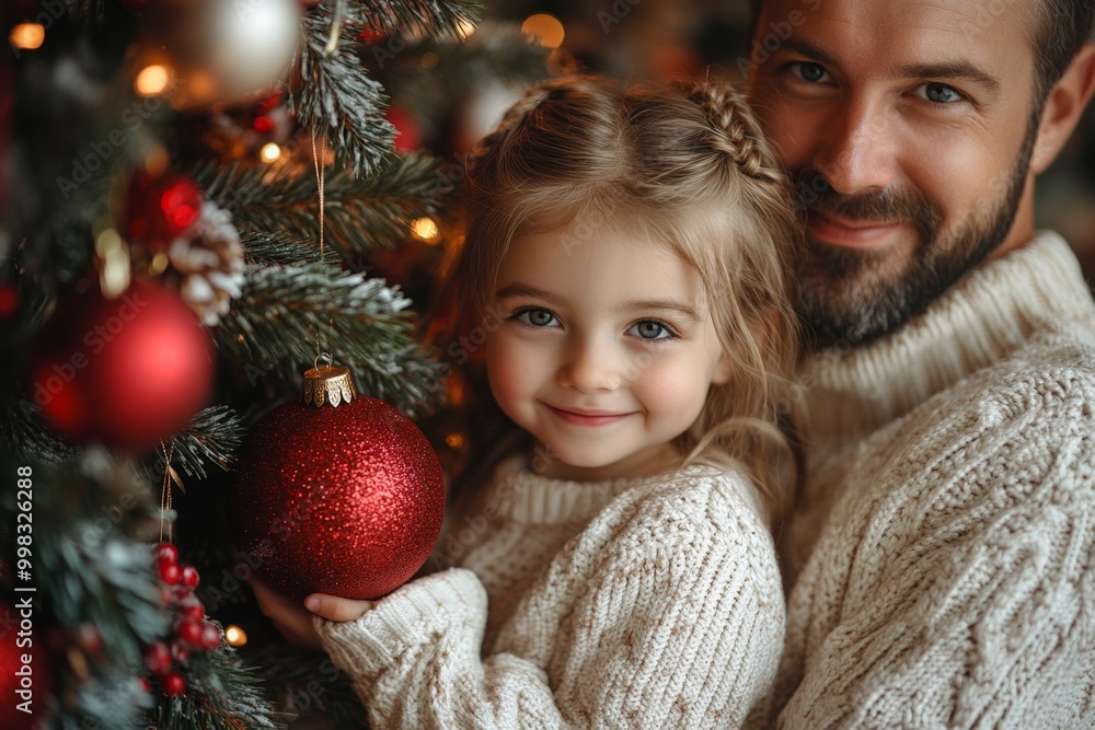 Portrait of a father and daughter decorating a Christmas tree. Christmas concept. Happy family decorating christmas tree Portrait of a father and daughter decorating a Christmas tree. Christmas concept. Happy family decorating christmas tree