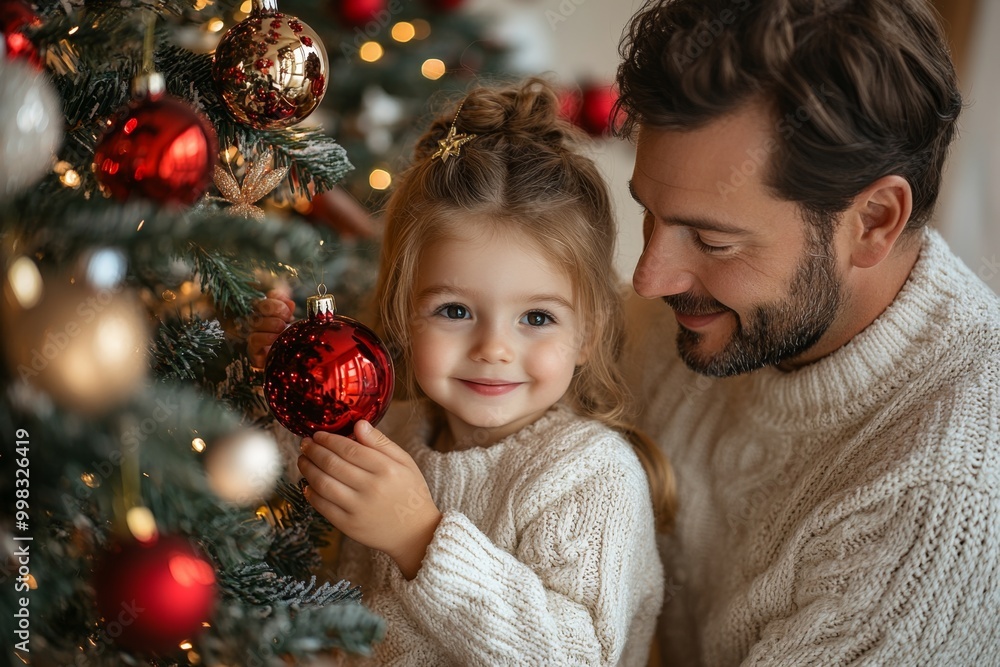 Portrait of a father and daughter decorating a Christmas tree. Christmas concept. Happy family decorating christmas tree Portrait of a father and daughter decorating a Christmas tree. Christmas concept. Happy family decorating christmas tree