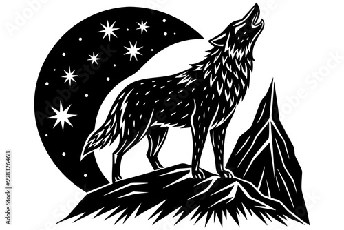 Majestic Wolf Howling Under Starry Night Sky Illustration
