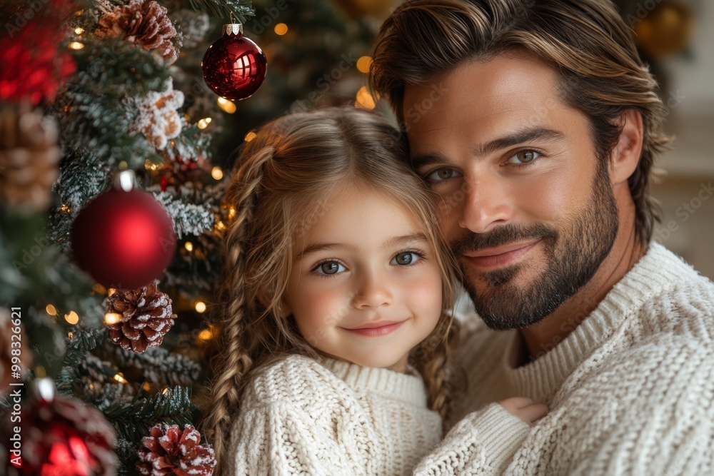 Portrait of a father and daughter decorating a Christmas tree. Christmas concept. Happy family decorating christmas tree Portrait of a father and daughter decorating a Christmas tree. Christmas concept. Happy family decorating christmas tree