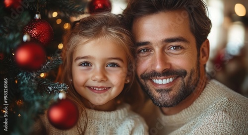 Portrait of a father and daughter decorating a Christmas tree. Christmas concept. Happy family decorating christmas tree