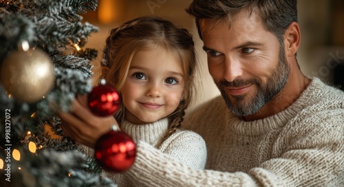 Portrait of a father and daughter decorating a Christmas tree. Christmas concept. Happy family decorating christmas tree