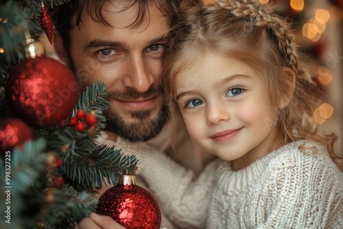 Portrait of a father and daughter decorating a Christmas tree. Christmas concept. Happy family decorating christmas tree