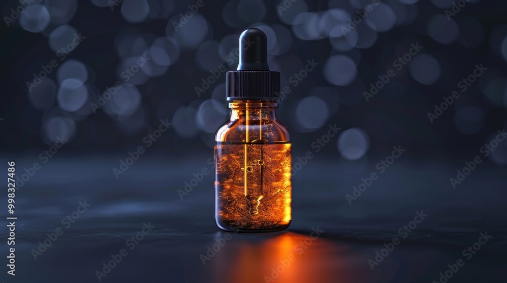 A beautiful amber dropper bottle glimmers against a dark backdrop with soft bokeh lights. Generative AI A beautiful amber dropper bottle glimmers against a dark backdrop with soft bokeh lights. Generative AI
