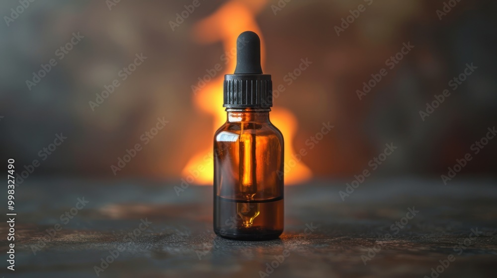 Amber dropper bottle stands out against a vibrant flame backdrop, highlighting its contents and allure. Generative AI Amber dropper bottle stands out against a vibrant flame backdrop, highlighting its contents and allure. Generative AI