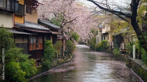 A serene scene of cherry blossoms in full bloom along the Meguro River, with pink petals floating on the water and traditional Japanese architecture in the background