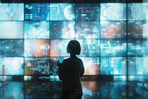 A person interacts with digital screens displaying data and technology visuals in a modern office environment during evening hours